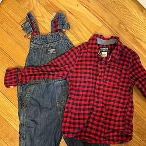 OshKosh overalls and red plaid shirt